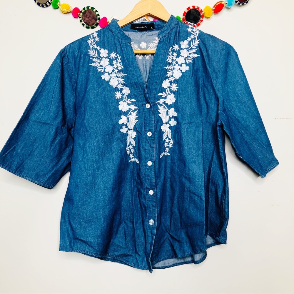 COCO CABANA floral embroidered chambray button up